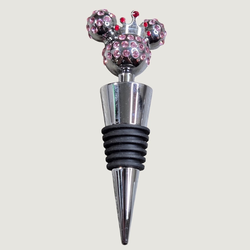 Disney Parks Mickey Minnie Mouse Rhinestone Crown Pink Clear Wine Bottle Stopper
